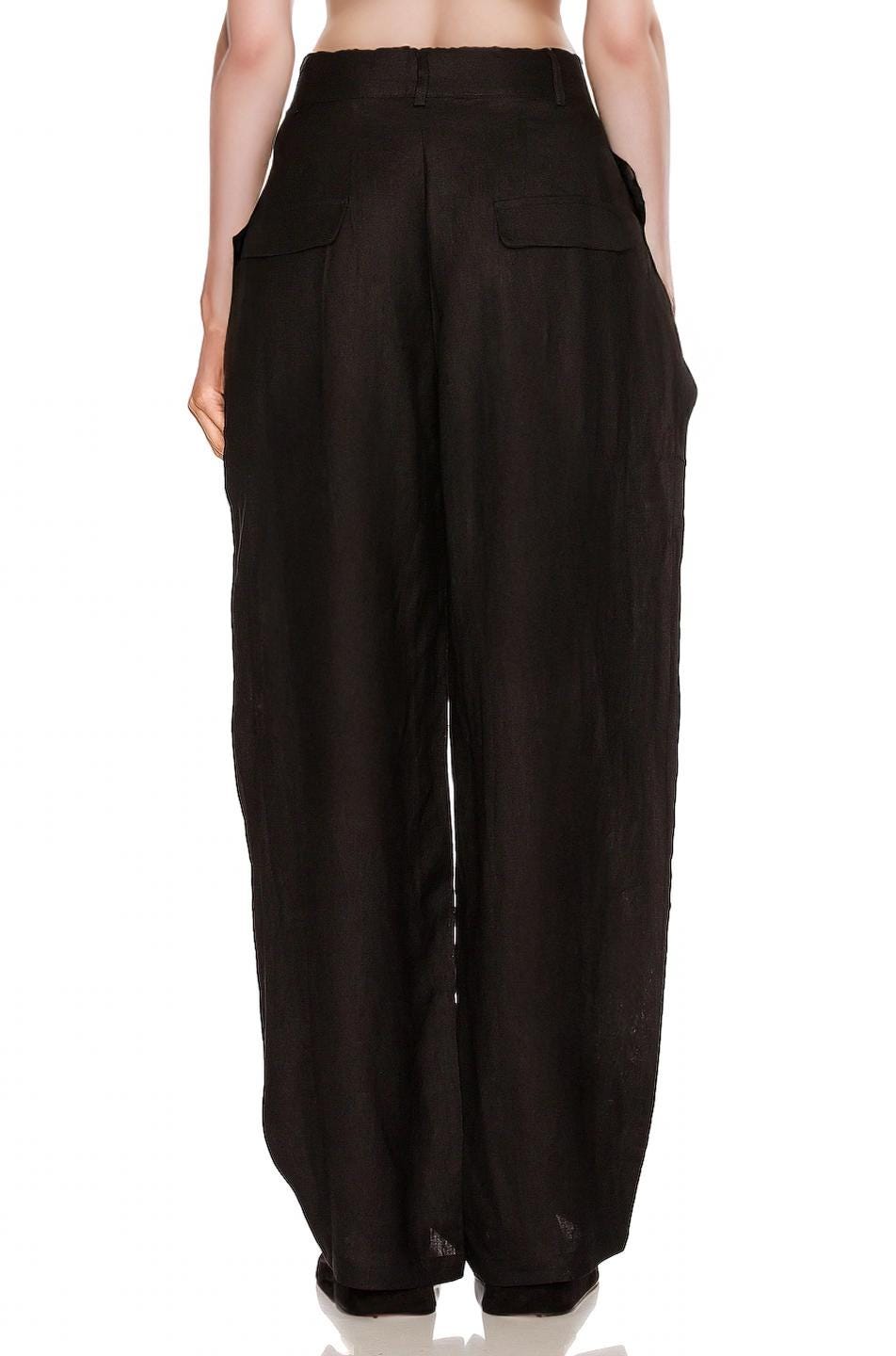 Wide Leg Black Linen Pants for Women - High Waist Summer Trousers with Pockets, Lightweight Loose Fit | SKU.25T22T4M