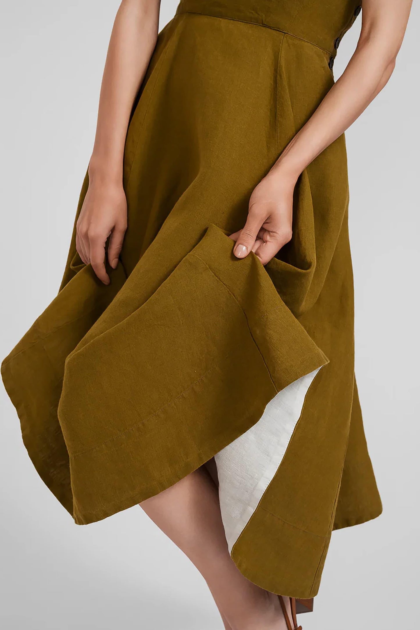 Linen Pinafore Dress – Square Neck Sleeveless Midi Dress with Side Button Detail | SKU.25T11T5K