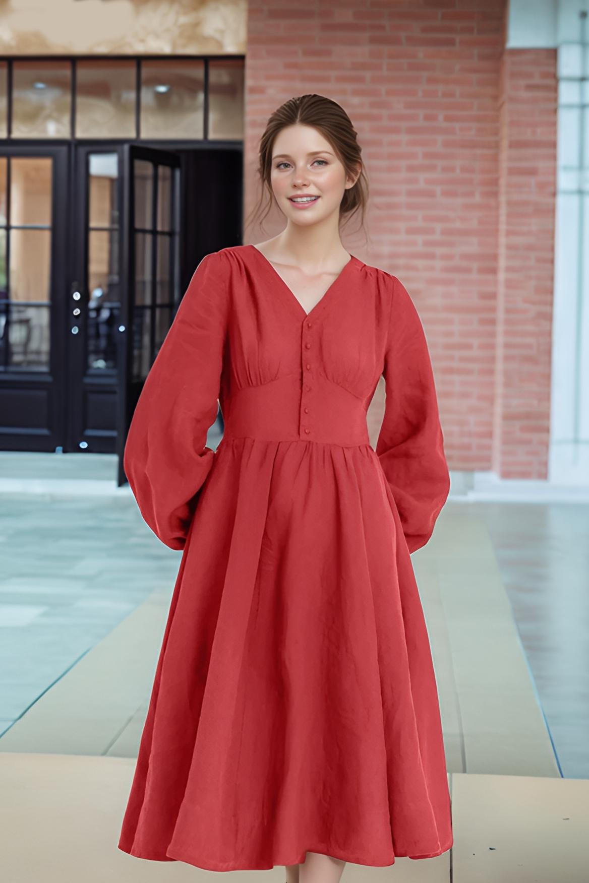 Rust Red Linen Midi Dress – V-Neck Vintage-Inspired Long Sleeve A-Line Dress | SKU.25T10T2C