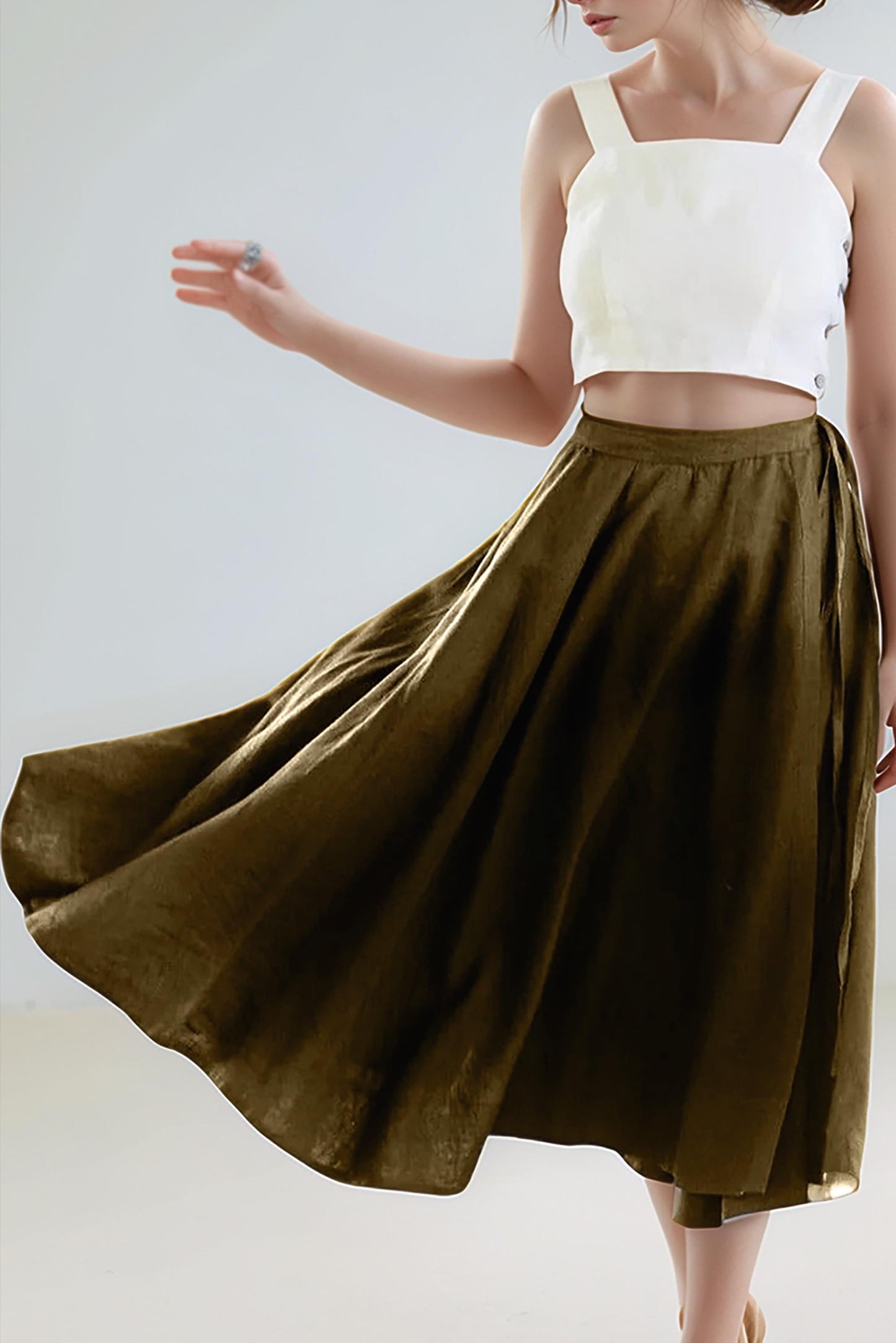 Evergreen Linen Midi Skirt with Pockets – High-Waist, Flowy A-Line | SKU.25T11T4M