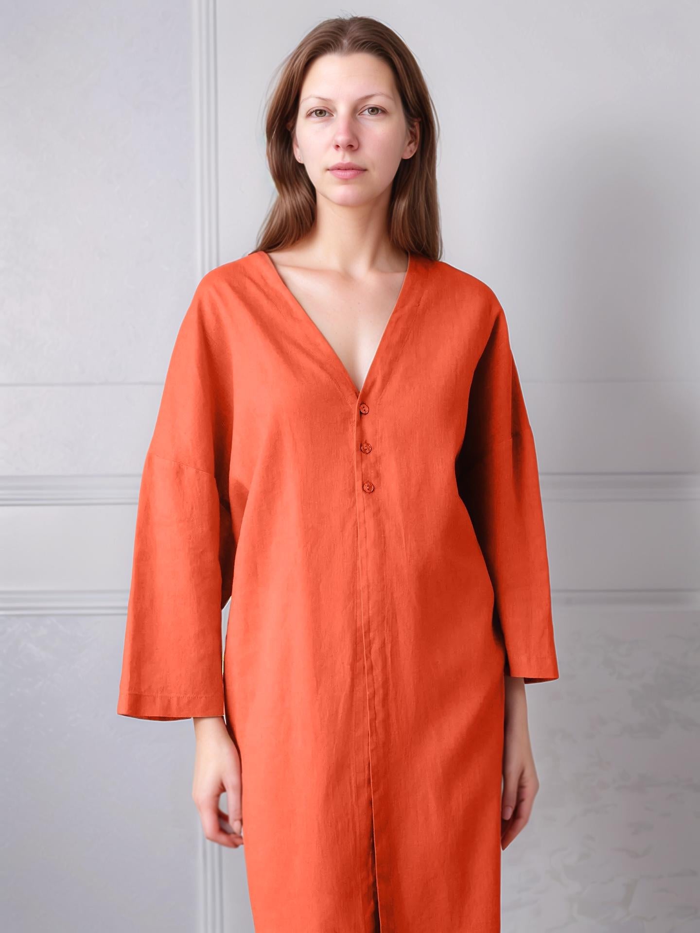 Linen Kaftan Dress - Relaxed V-Neck Long Tunic, Wide Sleeves, Minimalist Loose Fit, Natural Linen, Customizable | SKU.25T15T4K