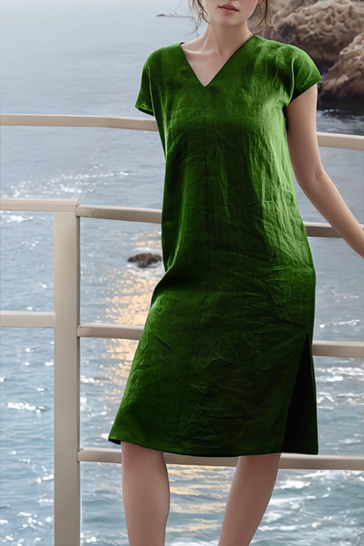 Custom V-Neck Linen Blend Shift Dress - Relaxed Summer Style with Pockets and Side Slit | SKU.25T14T3N