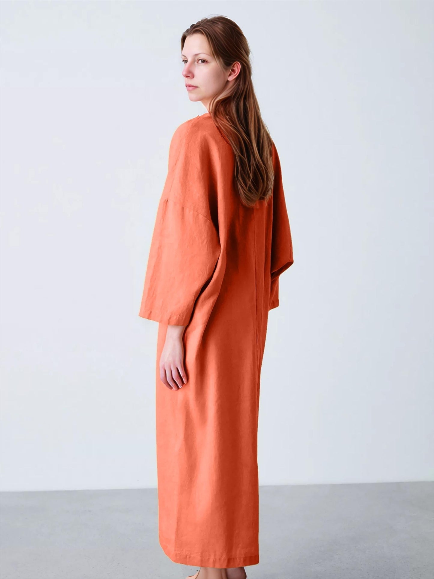 Linen Kaftan Dress - Relaxed V-Neck Long Tunic, Wide Sleeves, Minimalist Loose Fit, Natural Linen, Customizable | SKU.25T15T4K