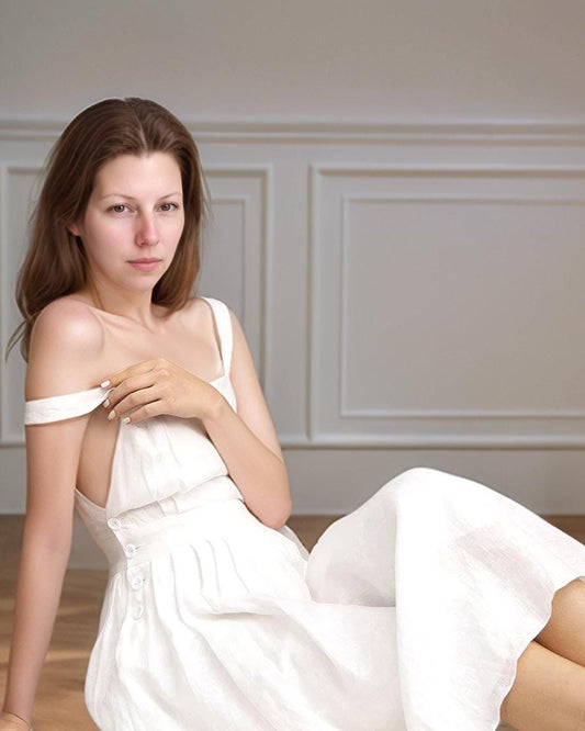 Elegant White Linen Midi Dress - Square Neck, Button Details, Sleeveless, Summer Chic, Effortless Elegance | SKU.25T22T2C