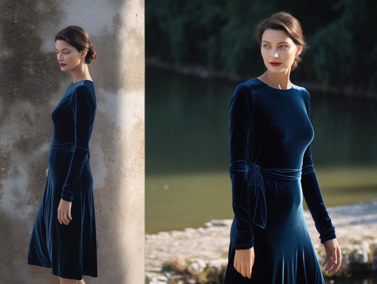 Velvet Midi Dress with Long Sleeves | Versatile Crew Neck Design | Closed Back | Includes Self-Tie Belt | Below Knee Length | Fall Fashion