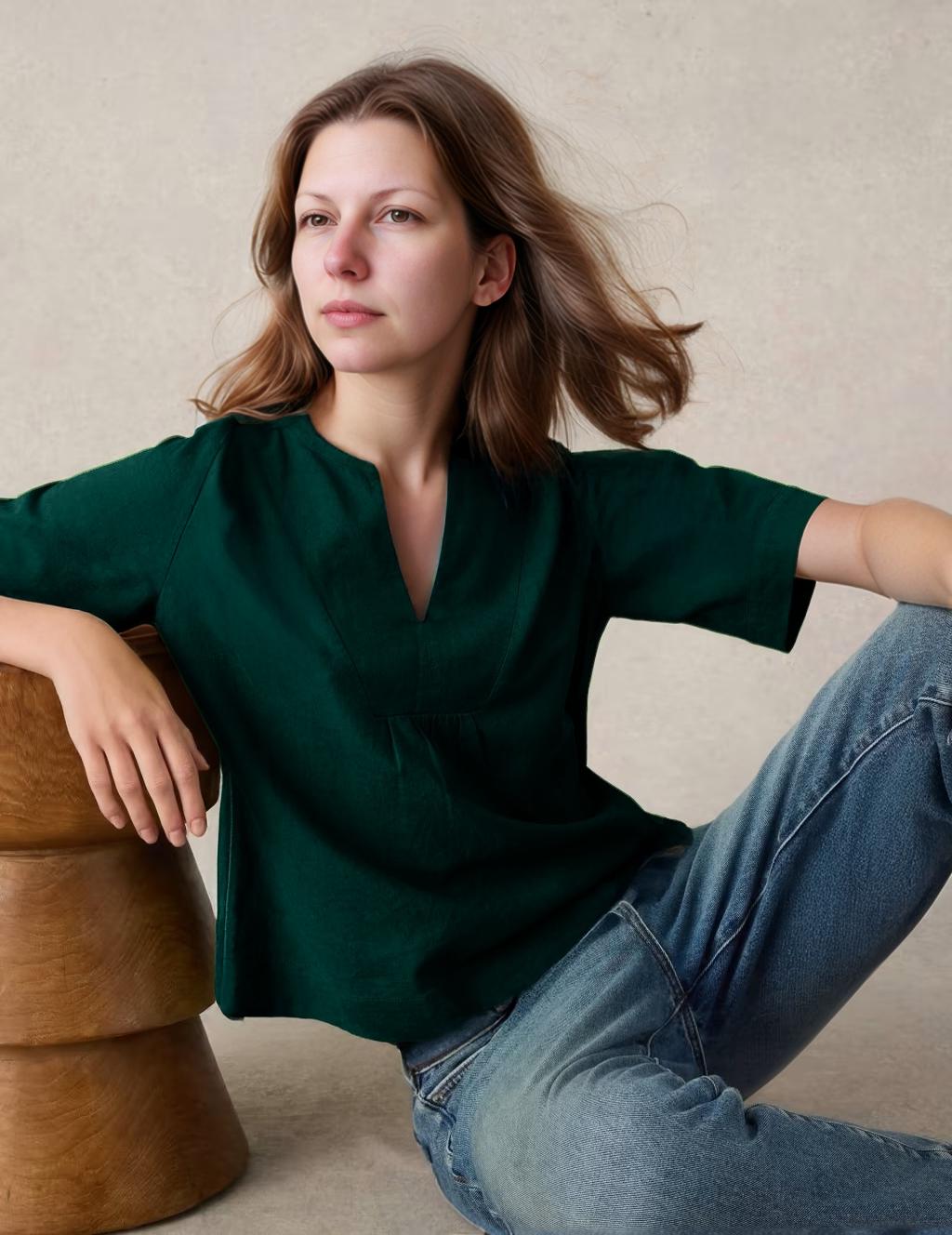 Linen V-Neck Boxy Top - Relaxed Fit Summer Shirt with Short Sleeves and Band Collar | SKU.25T22T3N