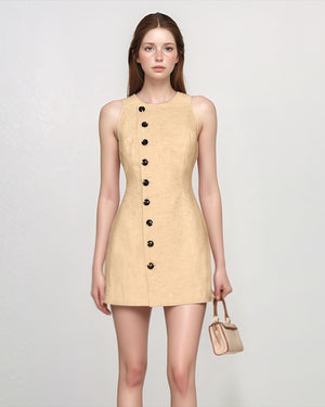 Asymmetric Button Linen Mini Dress – Custom Fit, Sleeveless, Beige Elastic Linen, Summer Outfit | SKU.25T15T5K