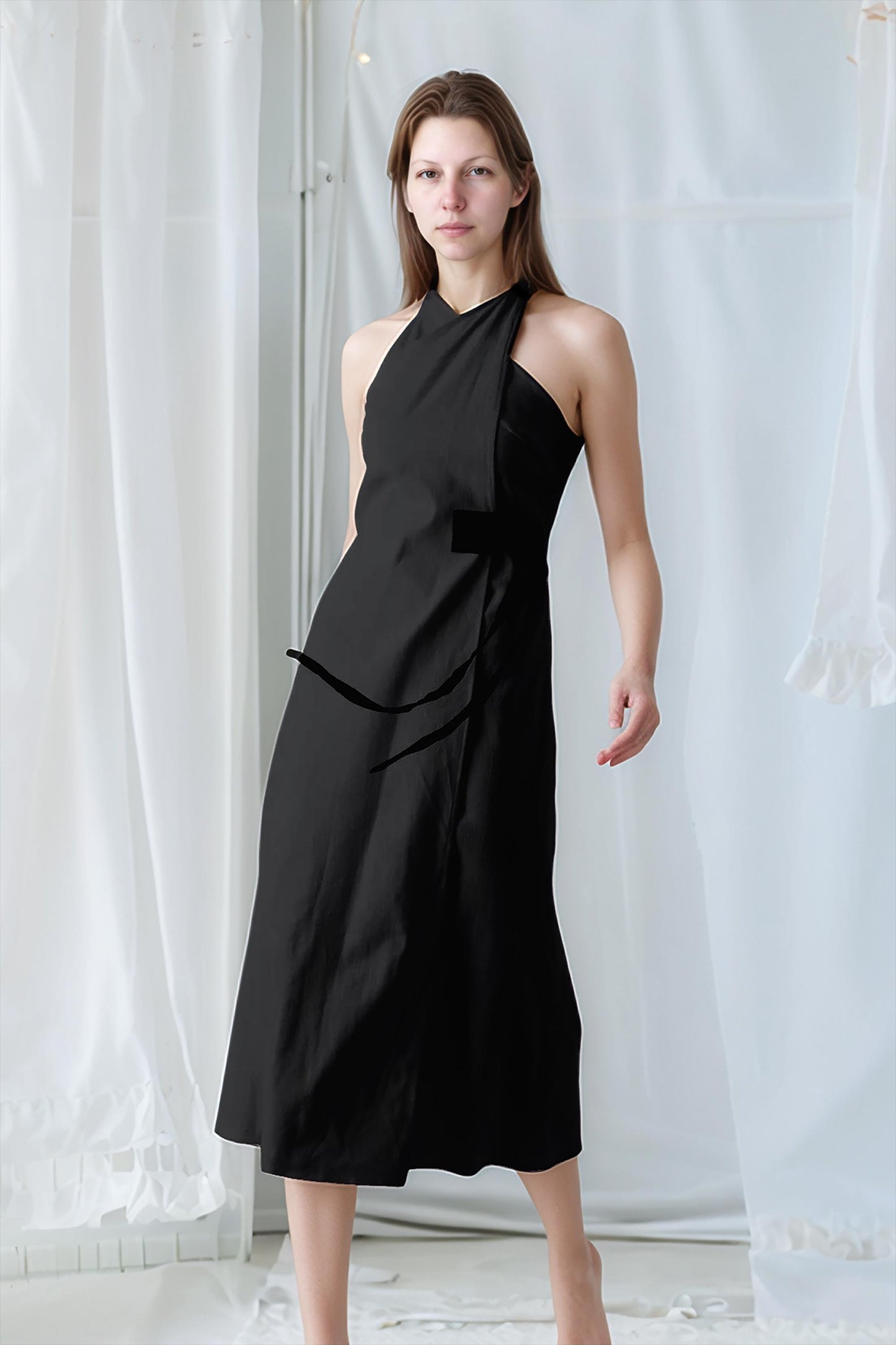 Black Halter Neck Wrap Dress – Sleeveless Open Back Midi Dress for Women | SKU.25T11T3D