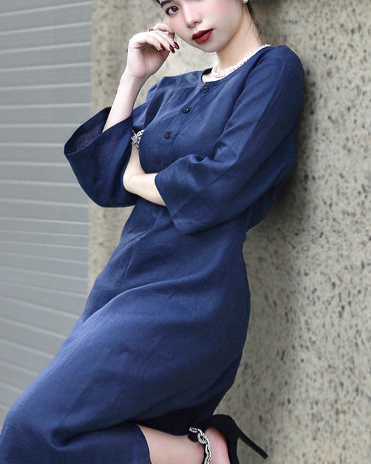 Stylish Linen Midi Dress: 3/4 Sleeves, V-neck, and Customizable Features for Elevated Personalized Fashion | SKU.004