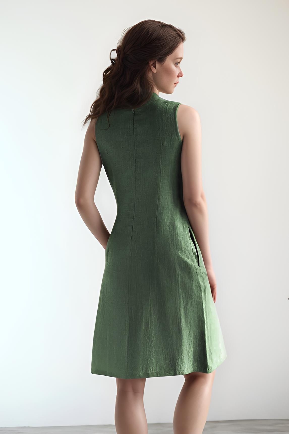 Olive Green Linen Dress with Front Waist Tie – Sleeveless A-Line Summer Midi Dress with Pockets | SKU.25T09A12