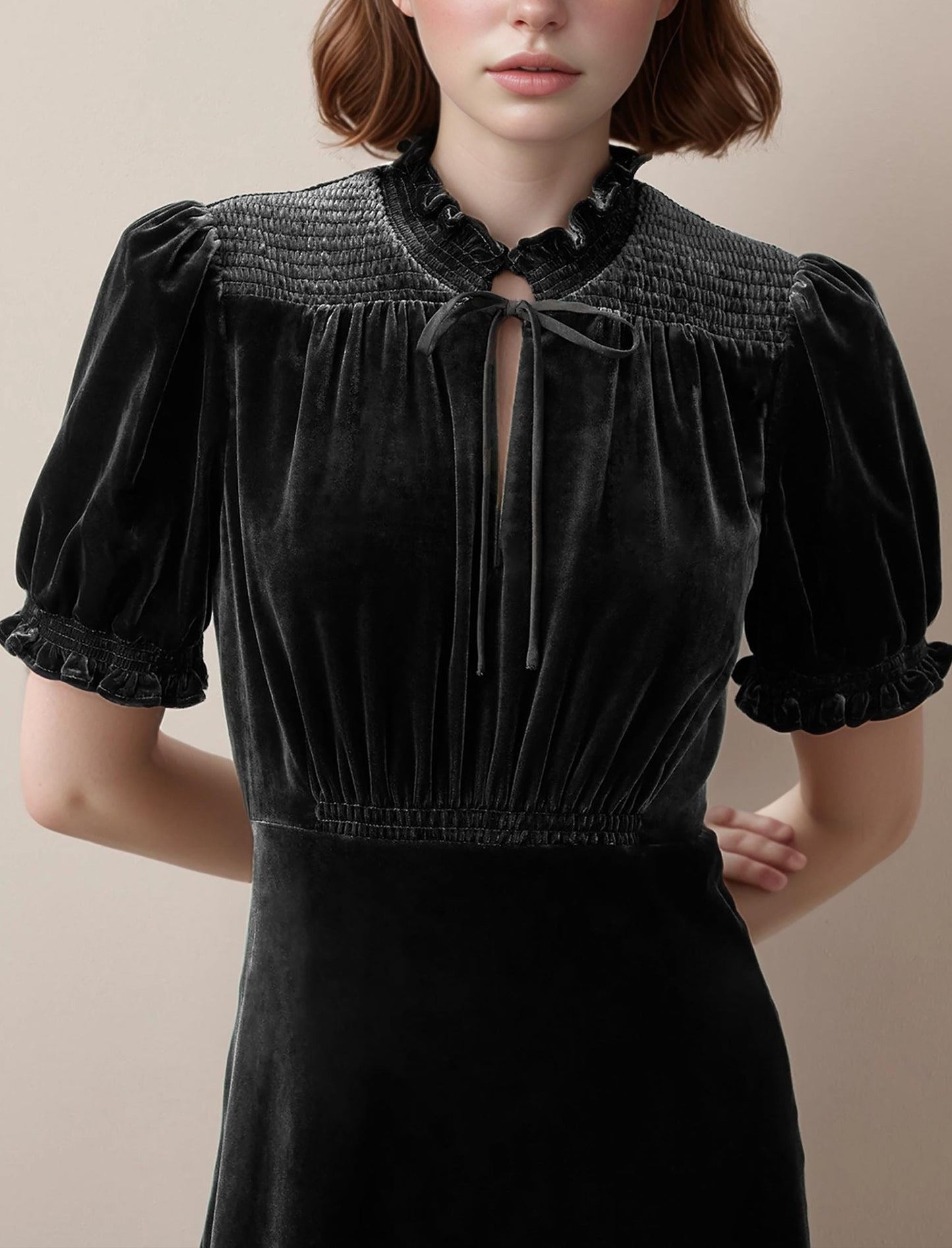 Black Velvet Midi Dress – Bias Cut Vintage-Inspired Dress with Puff Sleeves and Tie Neck | SKU.24T17T5F