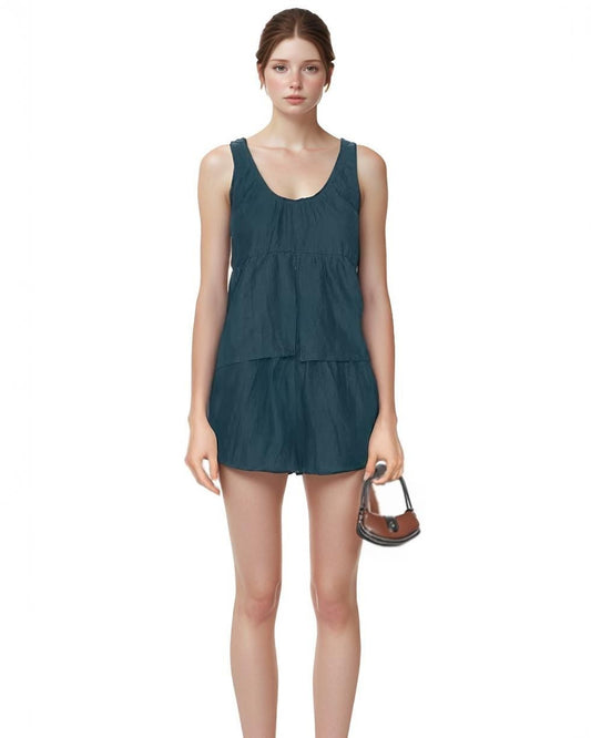 Linen Lounge Set for Women - Sleeveless Two-Piece Summer Outfit with Peplum Top and Shorts | SKU.25T22T4C