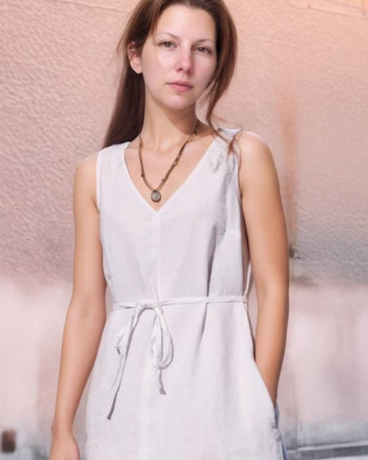 Sleeveless Linen Midi Dress with Tie Waist, V-Neck Summer Casual Dress, Lightweight Soft Natural Fabric | SKU.25T14T7F