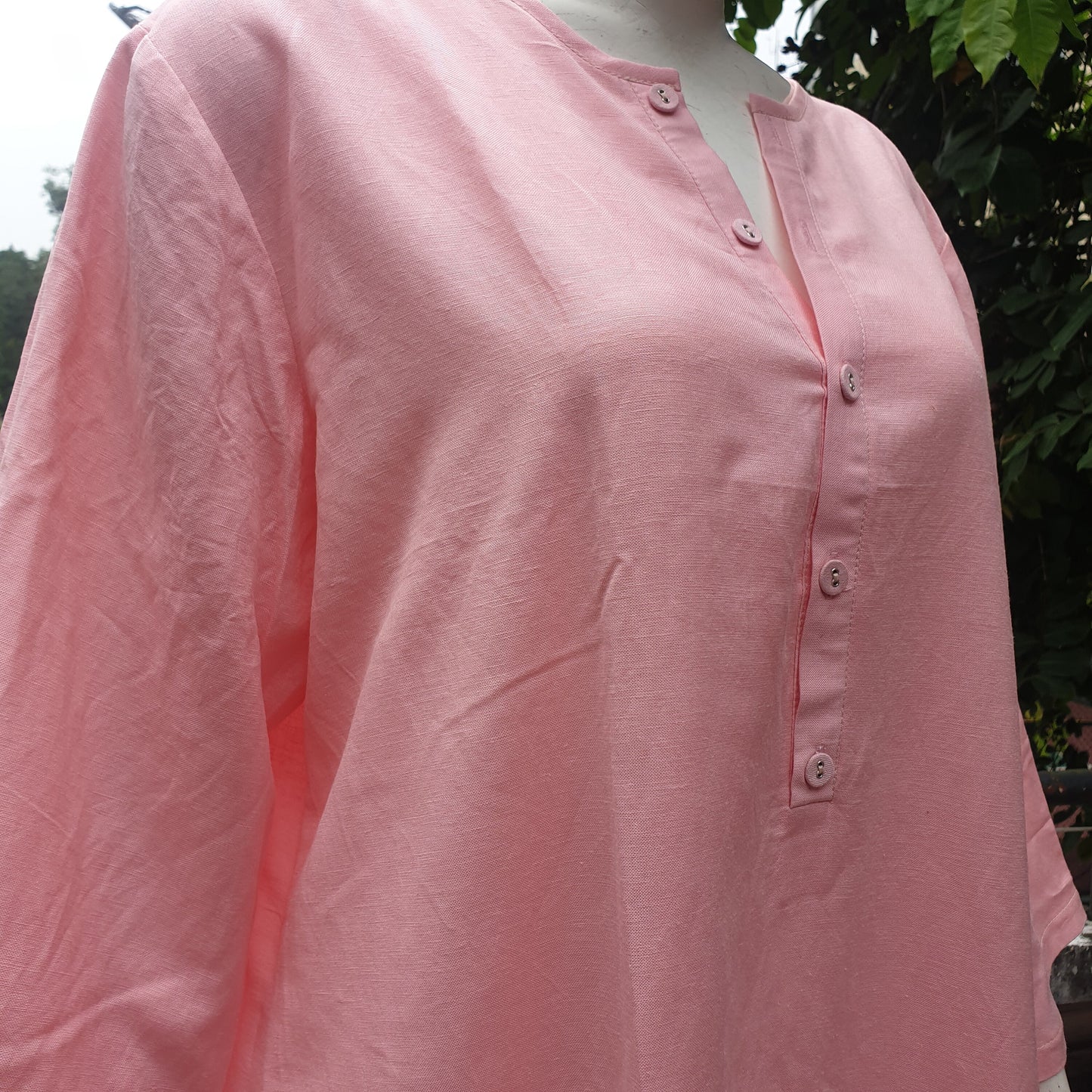 Stylish Linen Dress with Pockets | Split Neck and 3/4 Sleeves | Below Knee Length Shift Dress | Customizable | Personalizable | 230519A1