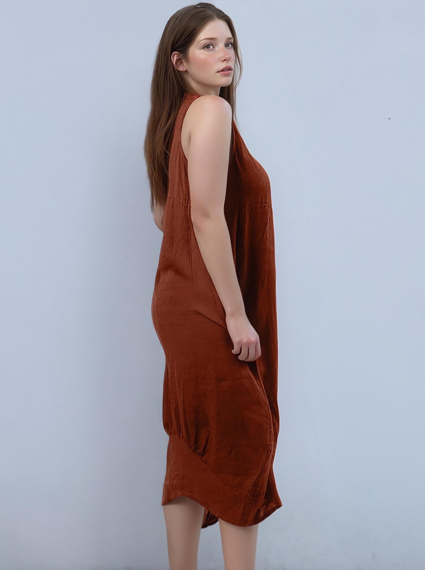 Rust Orange Sleeveless Linen Midi Dress with Pockets - Relaxed Fit | SKU.25T11T7A