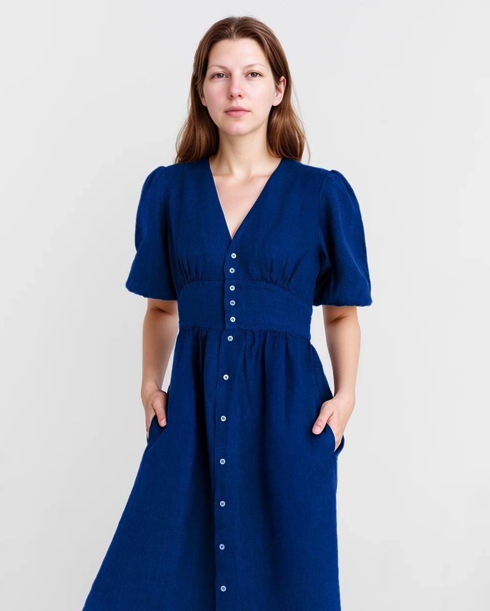 Linen Midi Dress with Puff Sleeves, Button-Front, V-Neck, Summer Casual Fit, Blue Linen Dress with Pockets | SKU.25T14T7D
