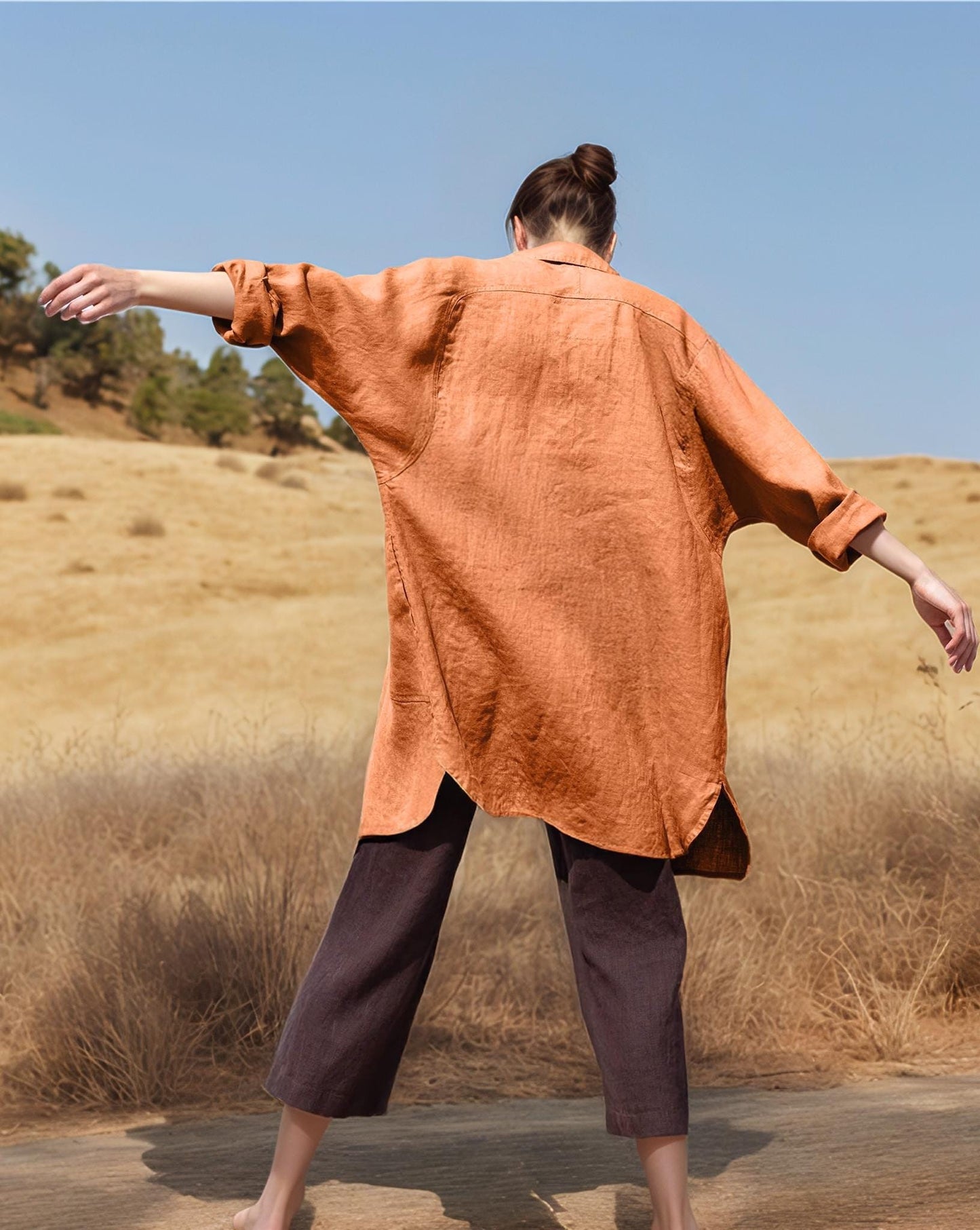Linen Shirt for Women, Longline Button-Down, Relaxed Tunic Top, Lightweight Layering, Casual Boho Shirt | SKU.25T22T2K