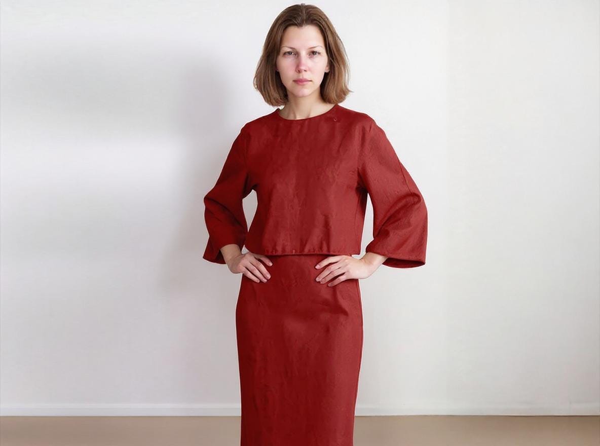 Elegant Red Linen Two-Piece Dress Set – Long Sleeve Crop Top & High Waist Midi Skirt, Minimalist Outfit for Women | SKU.25T15T5A