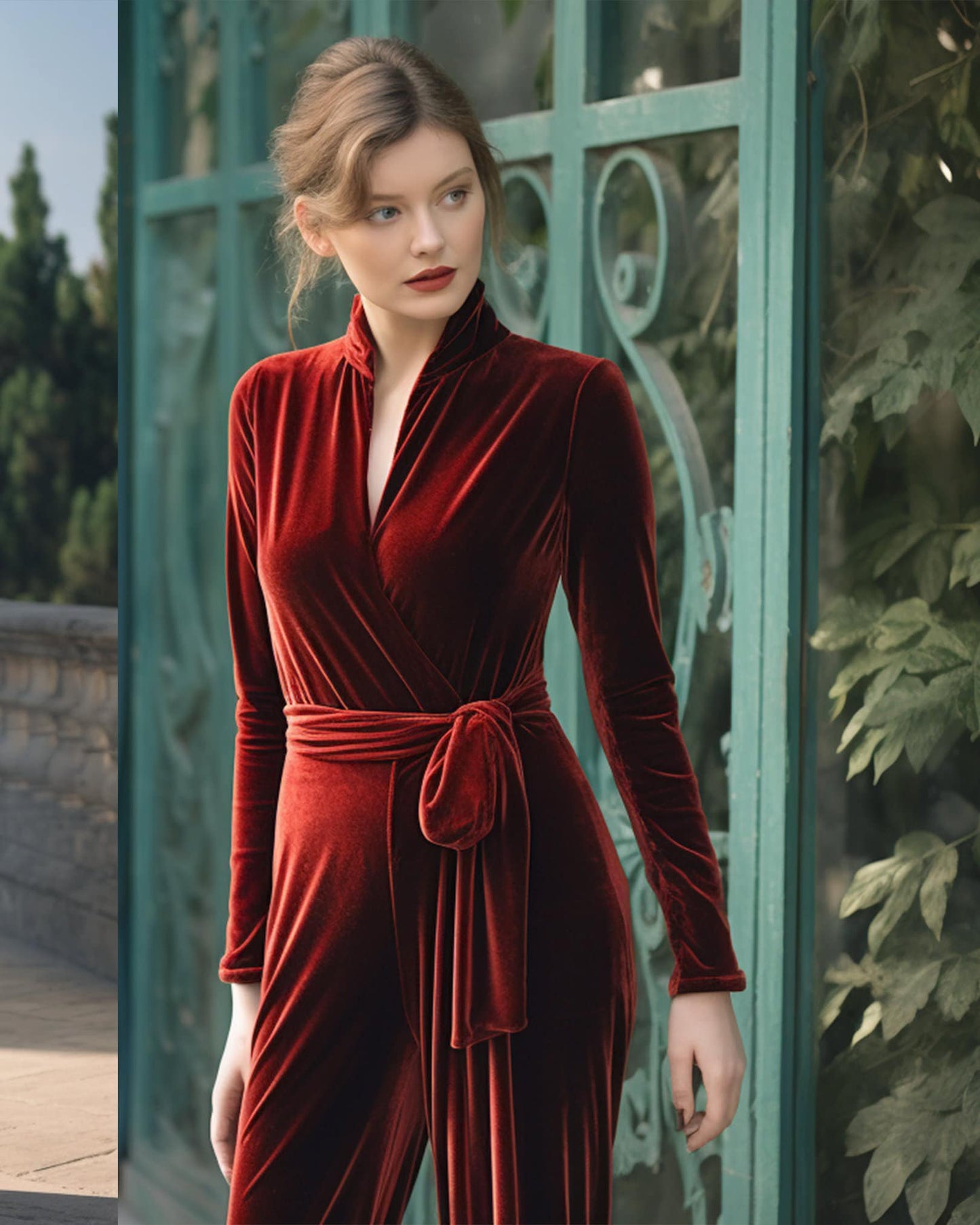 Stylish Velvet Wide Leg Jumpsuit | Long Sleeves, Wrap Neck, Closed Back | Elegant Velvet Mandarin Collar Dress | Includes Self-Tie Belt