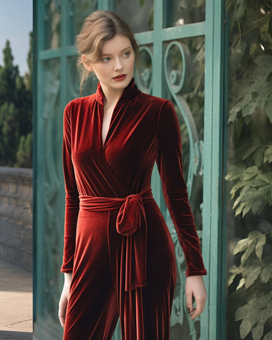 Stylish Velvet Wide Leg Jumpsuit | Long Sleeves, Wrap Neck, Closed Back | Elegant Velvet Mandarin Collar Dress | Includes Self-Tie Belt