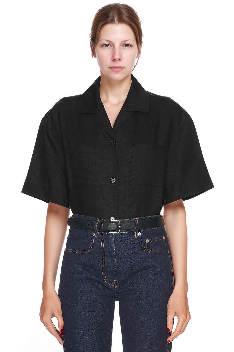 Black Linen Button-Up Shirt - Short Sleeve Collared Top with Chest Pockets, Lightweight Summer Linen Clothing | SKU.25T22T4P
