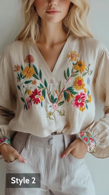 European Style Linen Blouse, Ethnic Boho Floral Top, Beige Floral Embroidered Blouse | 241026A