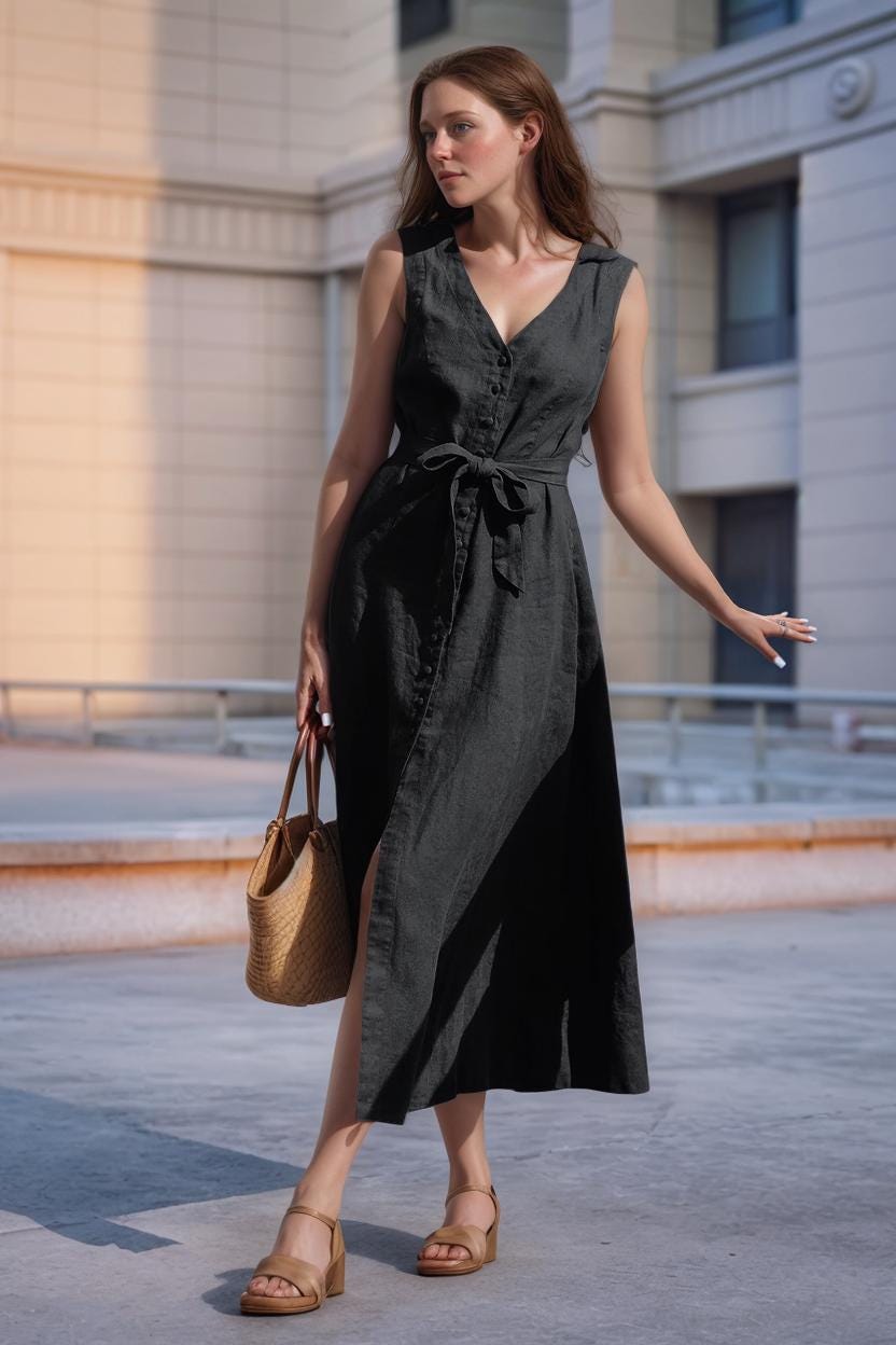 Sleeveless Black Linen Maxi Dress, V-Neck Button Front, Waist Tie, Summer Boho Chic, Custom Fit, Elegant Casual Dress | SKU.25T14T7K