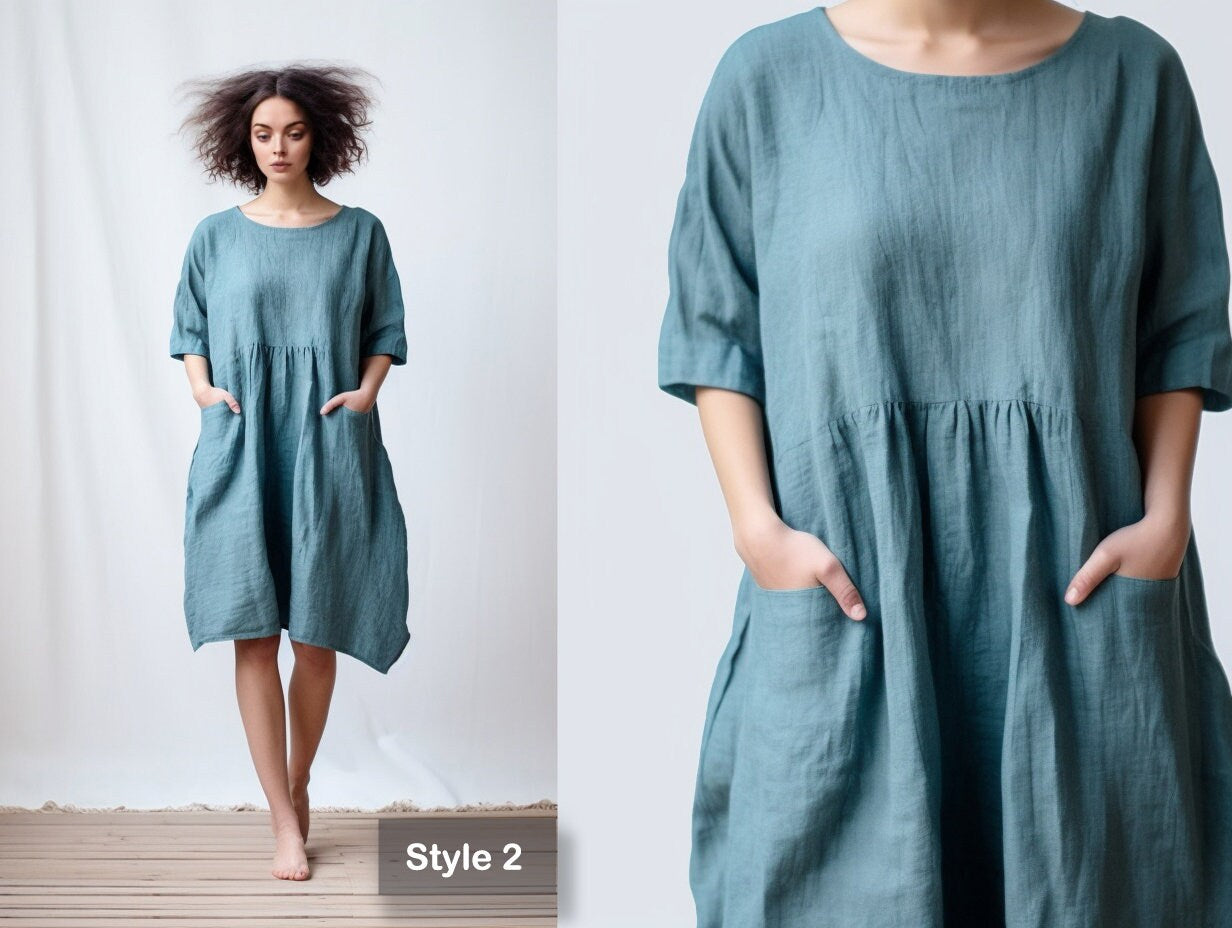 Women's Fashion for Casual Elegance | Linen Circle Dress with Pockets | Knee-Length Skater Dress | Customizable | Personalizable | 230807B