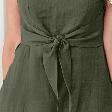 Olive Green Linen Dress with Front Waist Tie – Sleeveless A-Line Summer Midi Dress with Pockets | SKU.25T09A12