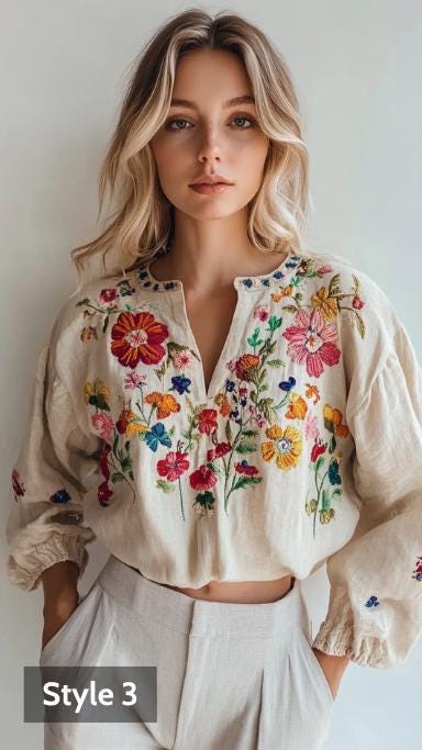 Floral Embroidered Blouse, European Chic Linen Top, Neo-Classical Boho Beige Blouse with a Touch of Allure | 241026C