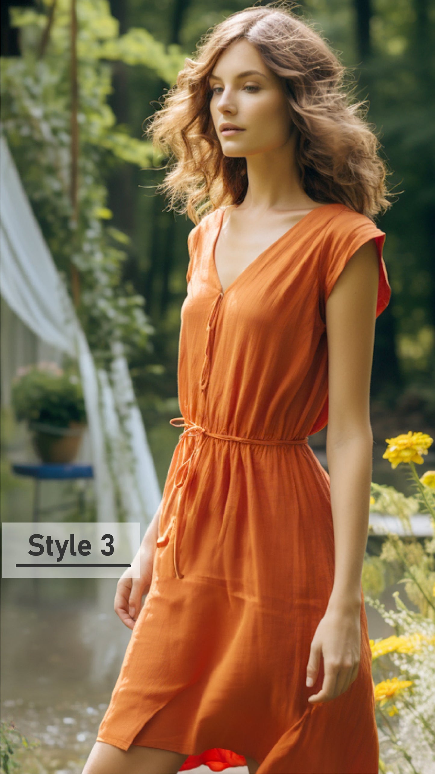 Linen V-Neck Swing Dress: Sleeveless, Loose-Fit Summer Dress with Flowy Silhouette and Ruffle Detailing | 240113A