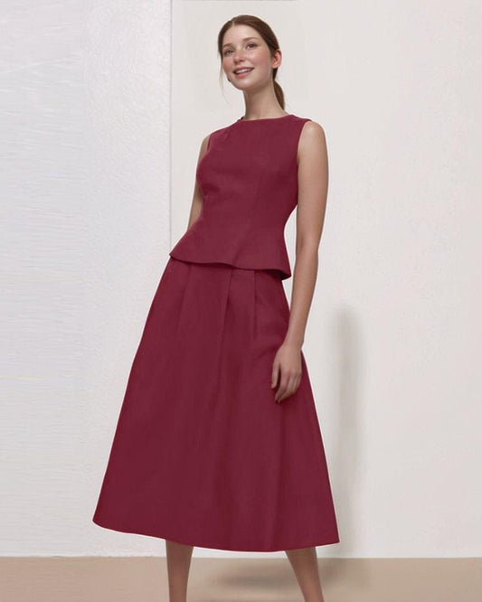 Elegant Elastic Linen 2-Piece Set — Sleeveless Peplum Top & High-Waist Midi Skirt, Custom Made, Minimalist Chic Outfit | SKU.25T15T4H