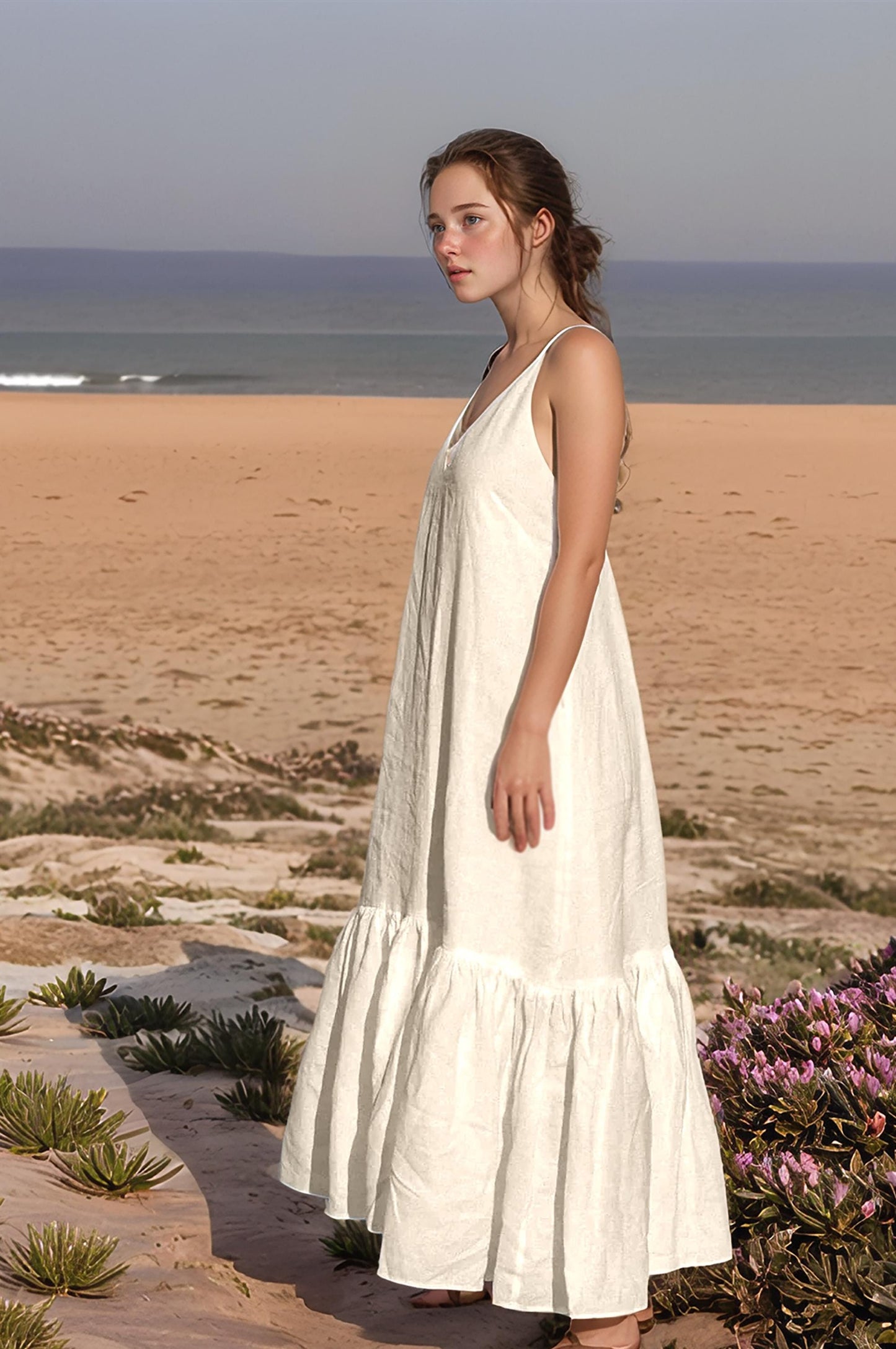 Linen Sundress - Sleeveless V-Neck Beach Dress, Flowy Ruffle Hem, Casual Summer Outfit | SKU.25T11T8D