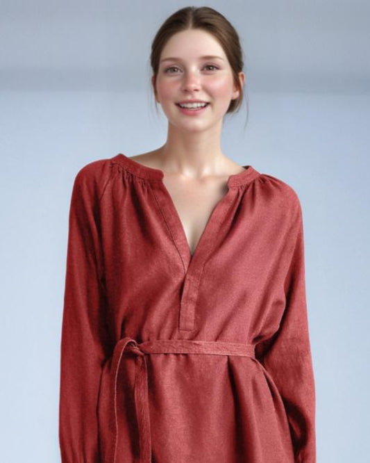 Rust Linen Long Sleeve Mini Dress - Boho V-Neck Tunic Dress with Belt, Casual Fall Dress | SKU.25T11T2C