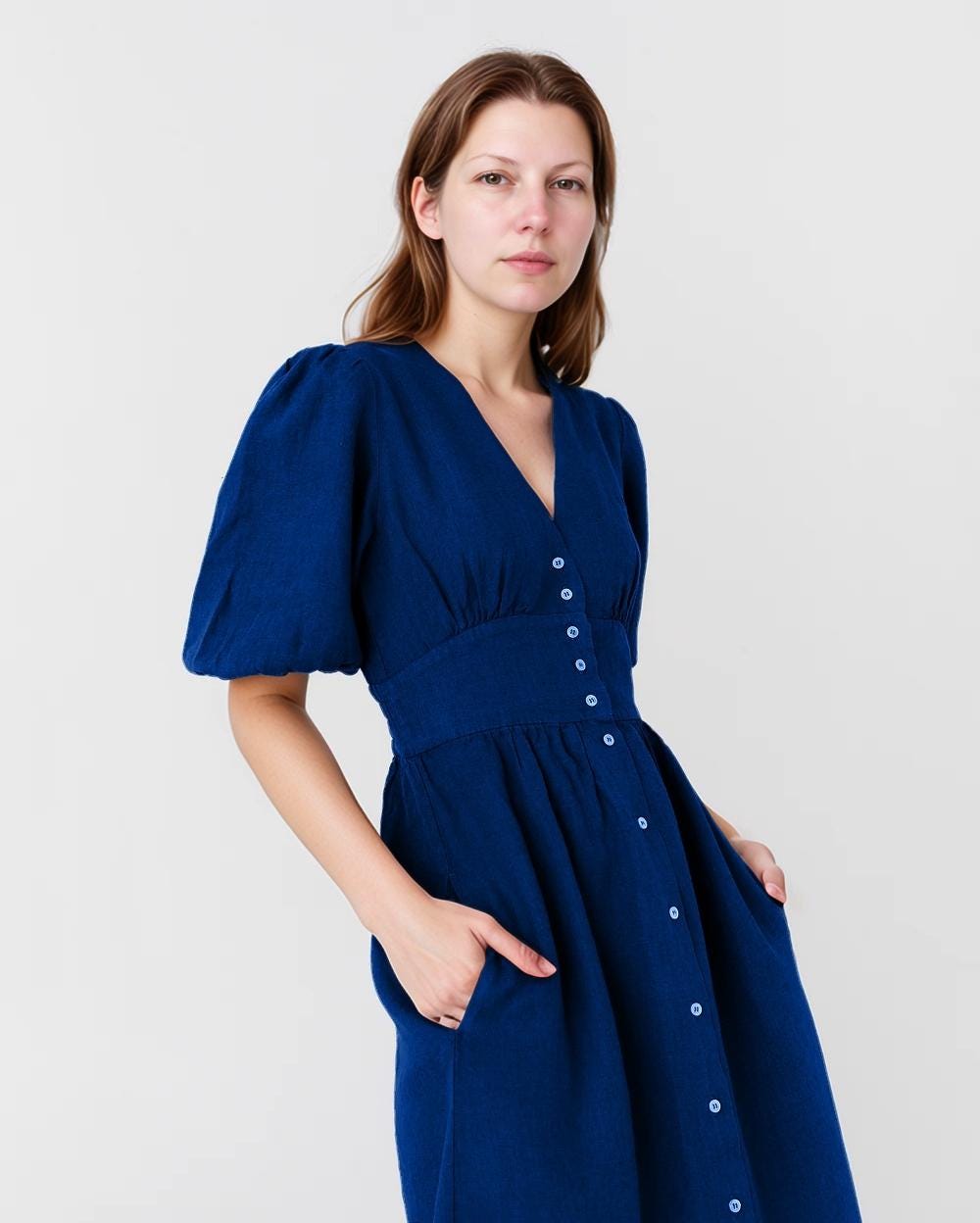 Linen Midi Dress with Puff Sleeves, Button-Front, V-Neck, Summer Casual Fit, Blue Linen Dress with Pockets | SKU.25T14T7D