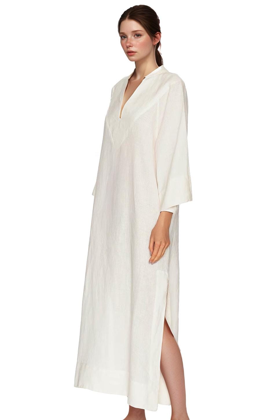 Linen Kaftan Maxi Dress with Side Slits - V-Neck Loose Fit Long Sleeve Beach Dress, Minimalist Summer Resort Cover Up | SKU.25T22T4E