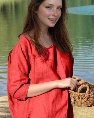 Relaxed Linen Tunic Dress, Loose Fit Summer Dress, Red Linen Shift Dress with Pockets, Casual Vacation Outfit | SKU.25T14T7C