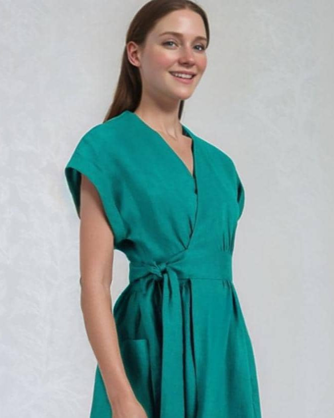 Emerald Green Linen Wrap Dress Kimono Style Summer Dress with Pockets, Adjustable Tie Waist, Handmade Casual Dress | SKU.25T15T3C