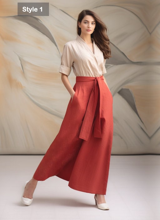 Women's Linen Wrap Dress | 3/4 Sleeves, True Wrap Closure | Pockets | Ankle-Length Skirt | Japanese-Inspired Traditional Dress | 230919B